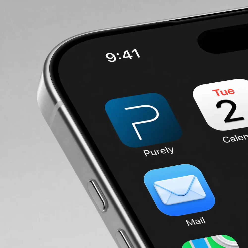 A close-up of an iPhone home screen with the Purely app icon highlighted next to Calendar and Mail