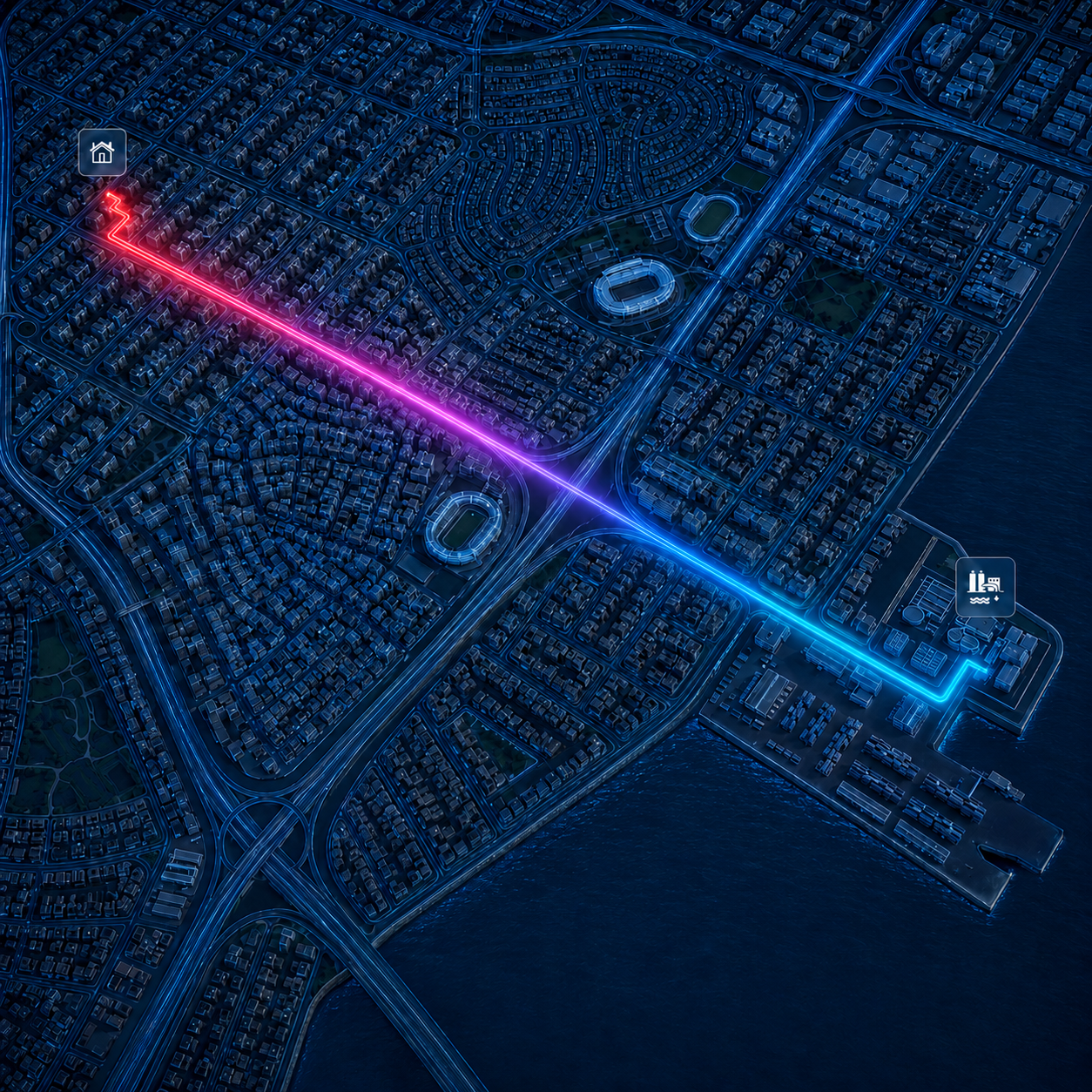 A neon map tracing treated water from the municipal facility through the city to your home