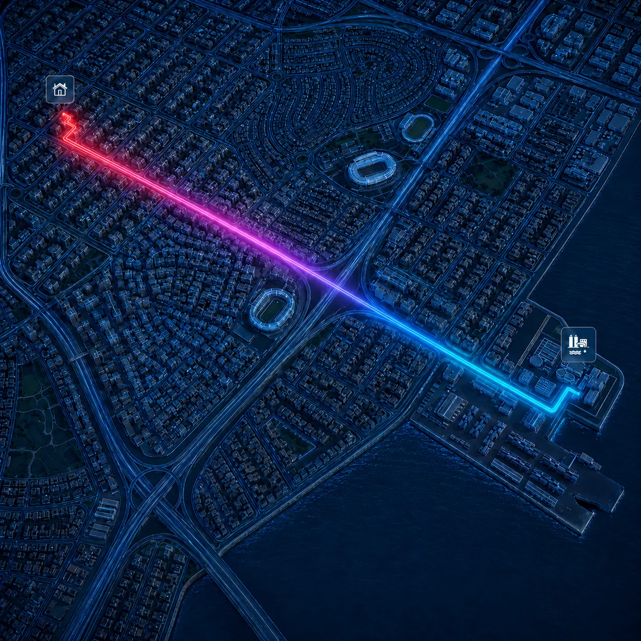 A neon map tracing treated water from the municipal facility through the city to your home