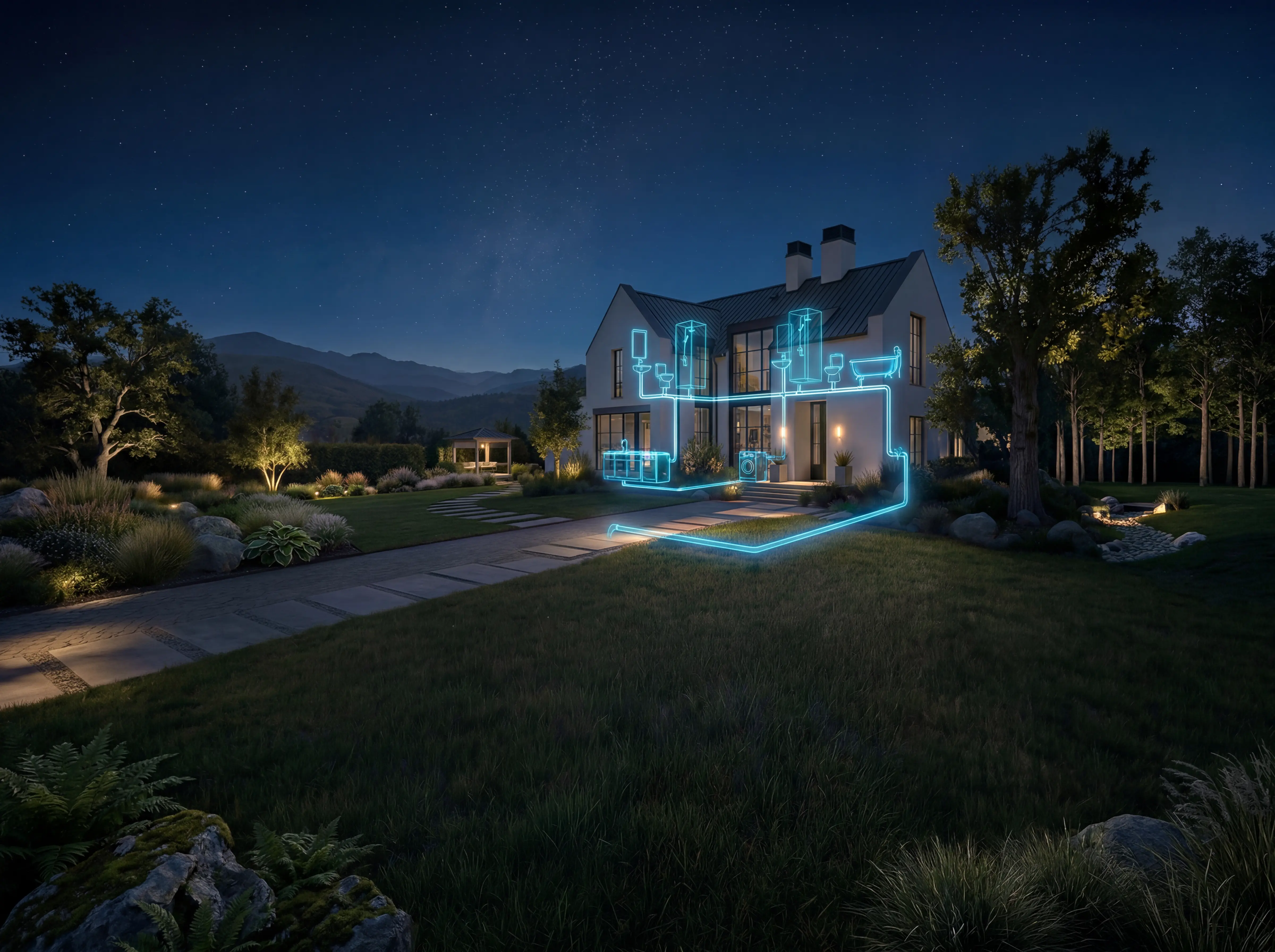 X-ray-style render of a home showing its internal water supply glowing blue, fed by the Purely whole-home filter