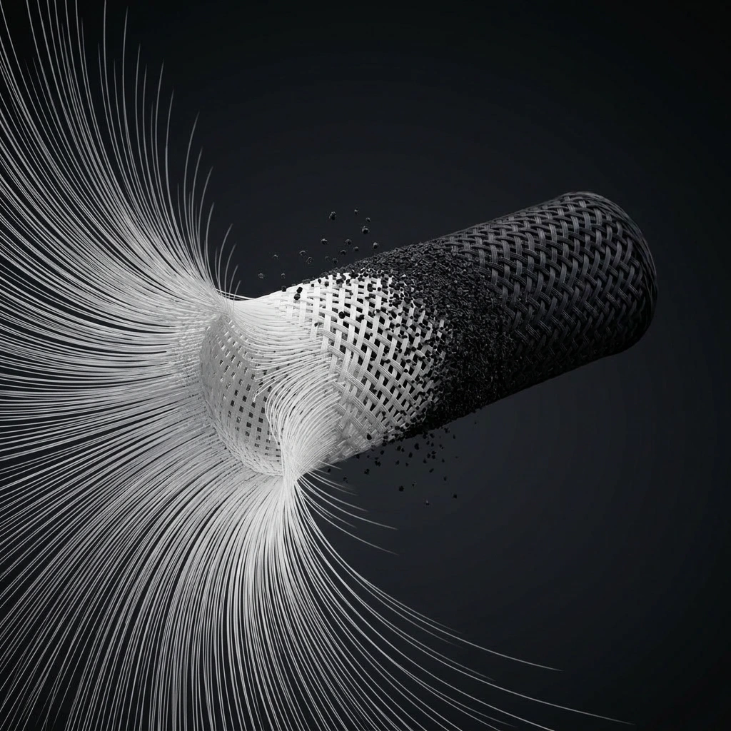 Macro close-up of a structured fiber matrix binding carbon media, with fine threads fanning out