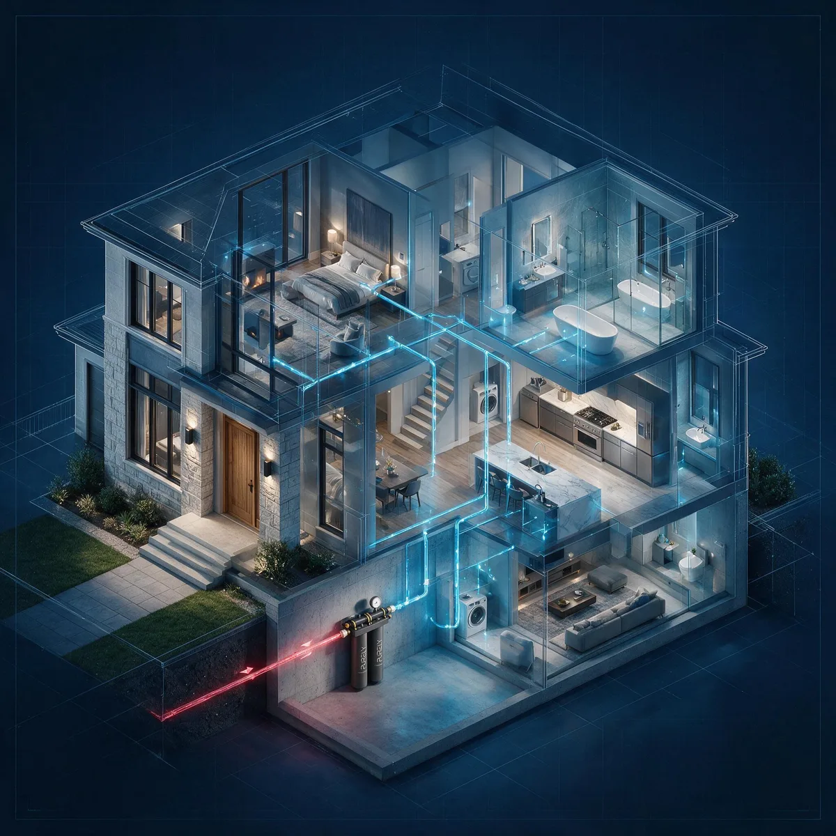 Isometric cutaway of a home showing the whole-home water distribution network