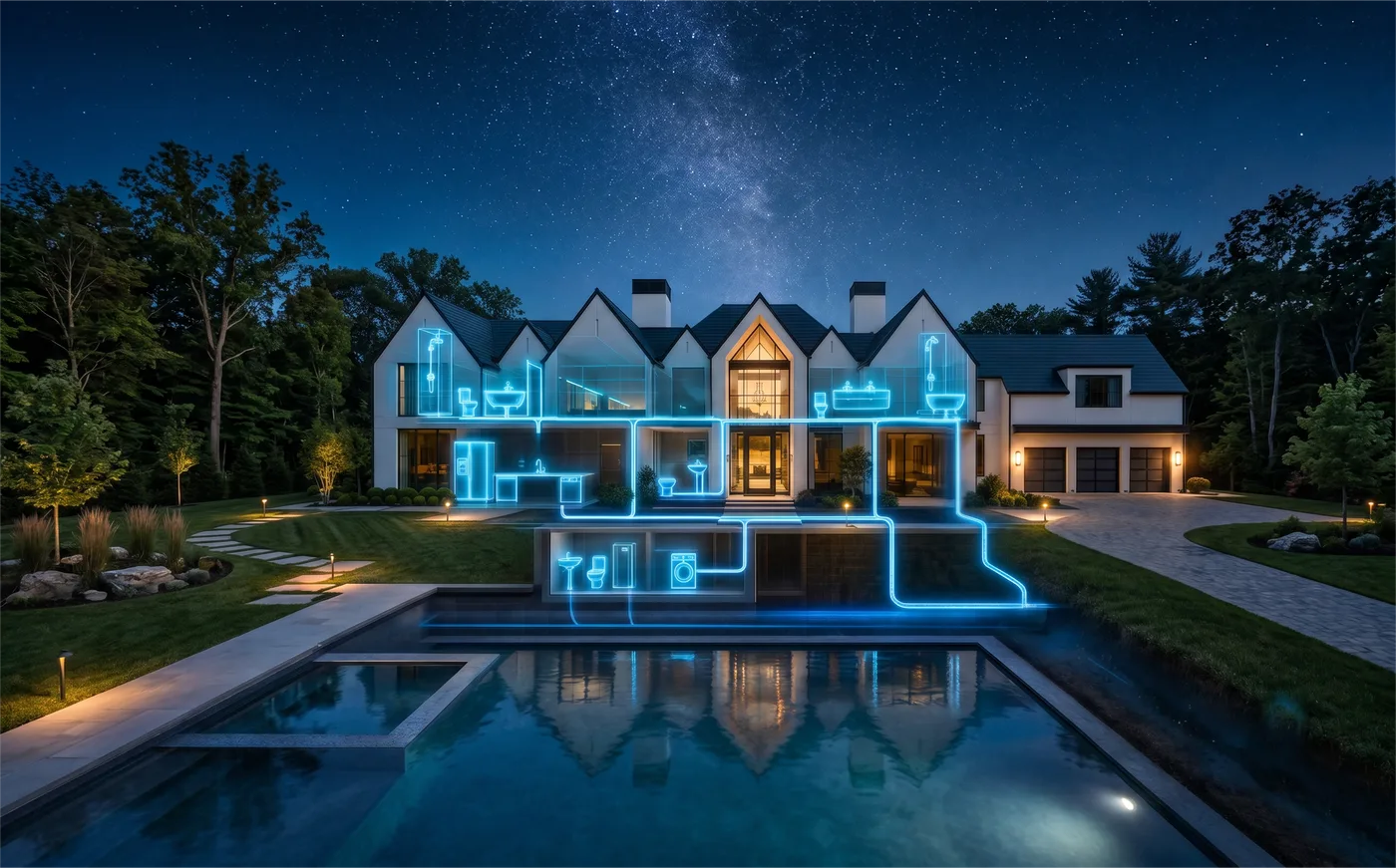 Whole-home water filtration schematic of a luxury home at night