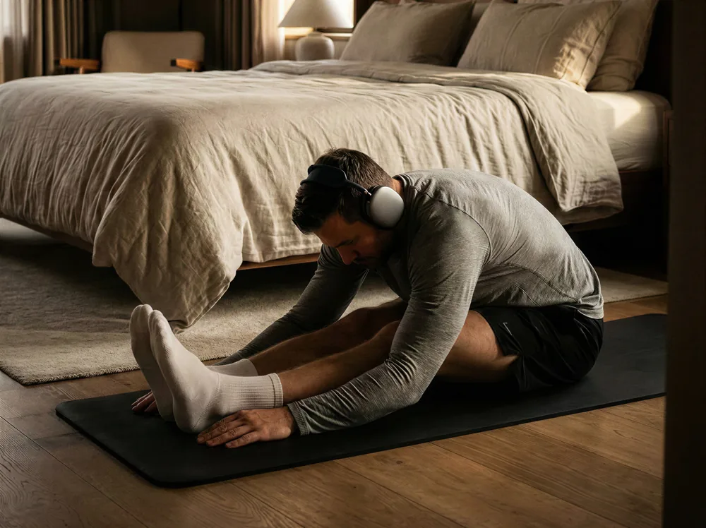 Man stretching on a mat at home