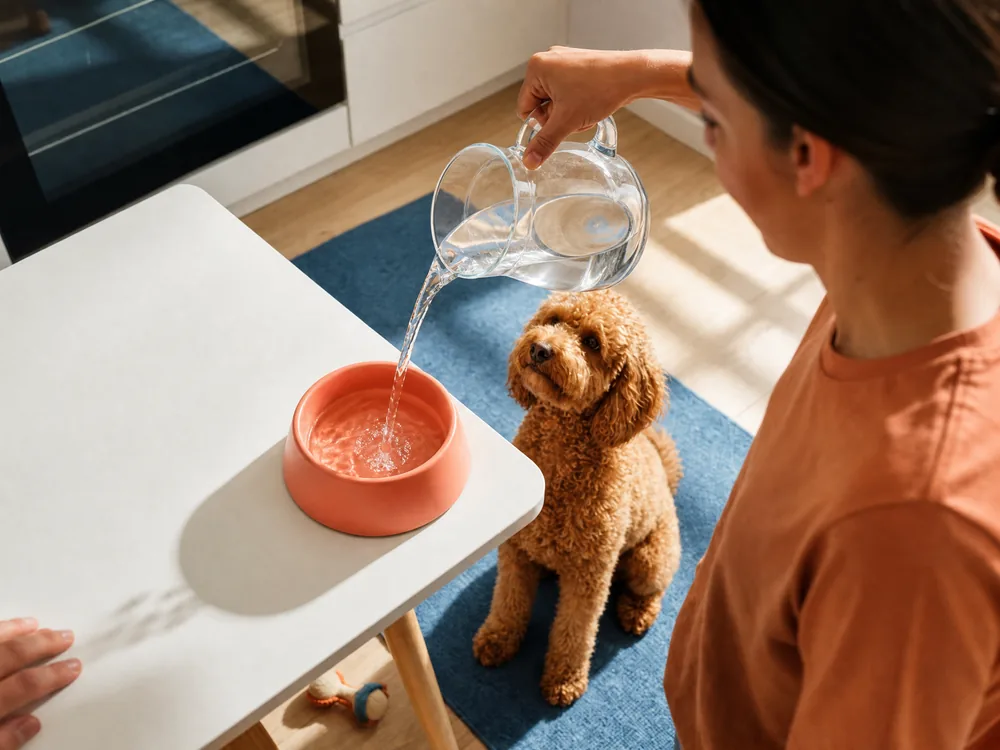 Pouring fresh water into a dog’s bowl