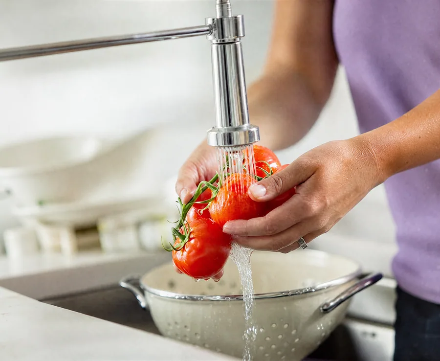 Washing strawberries under the tap