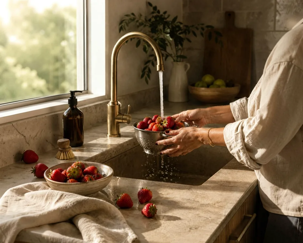Washing strawberries under the tap