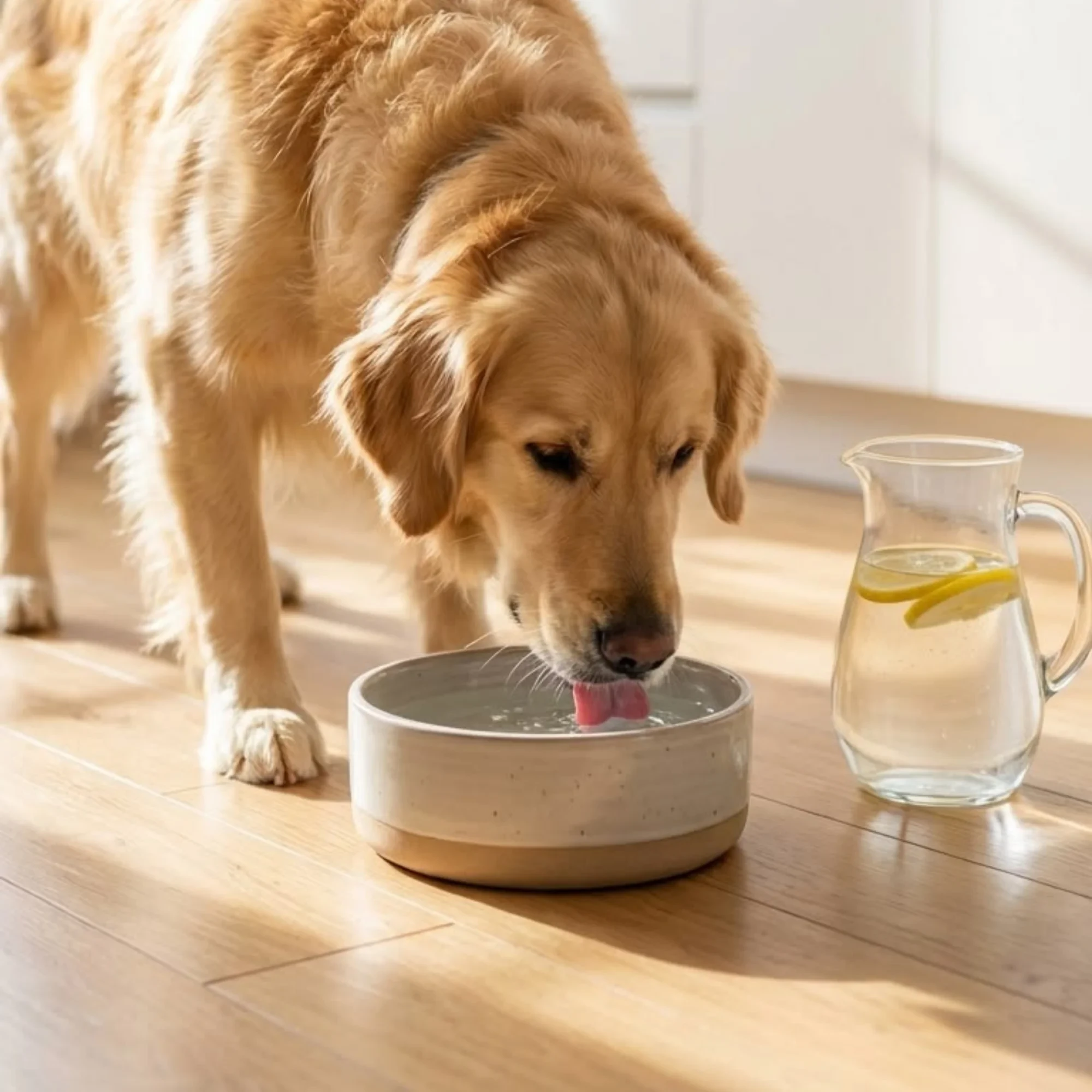A golden retriever drinking from a ceramic bowl on a sunlit hardwood kitchen floor, beside a clear glass pitcher of lemon water.