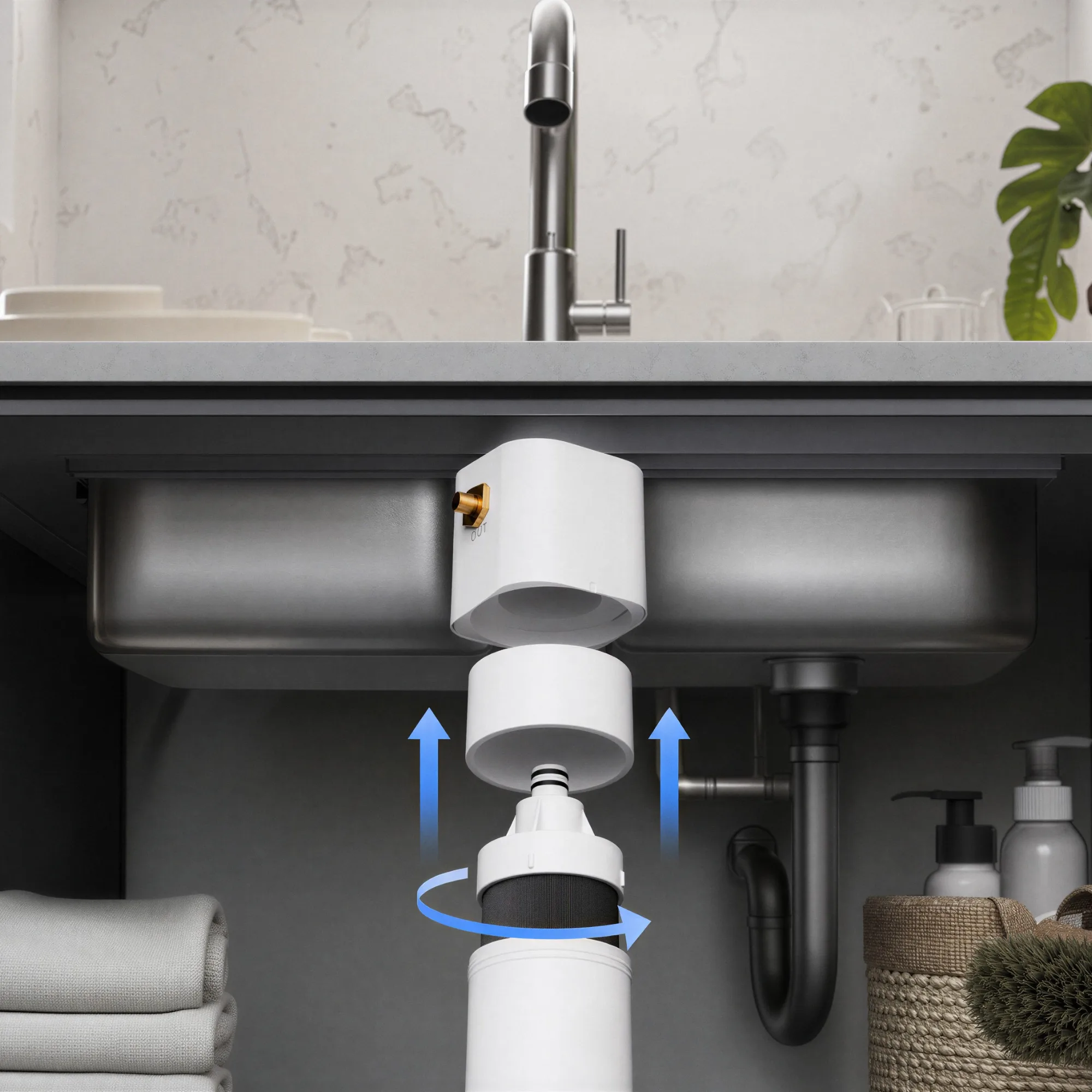 Cartouche P1 dévissée pour remplacement sous un évier de cuisine
