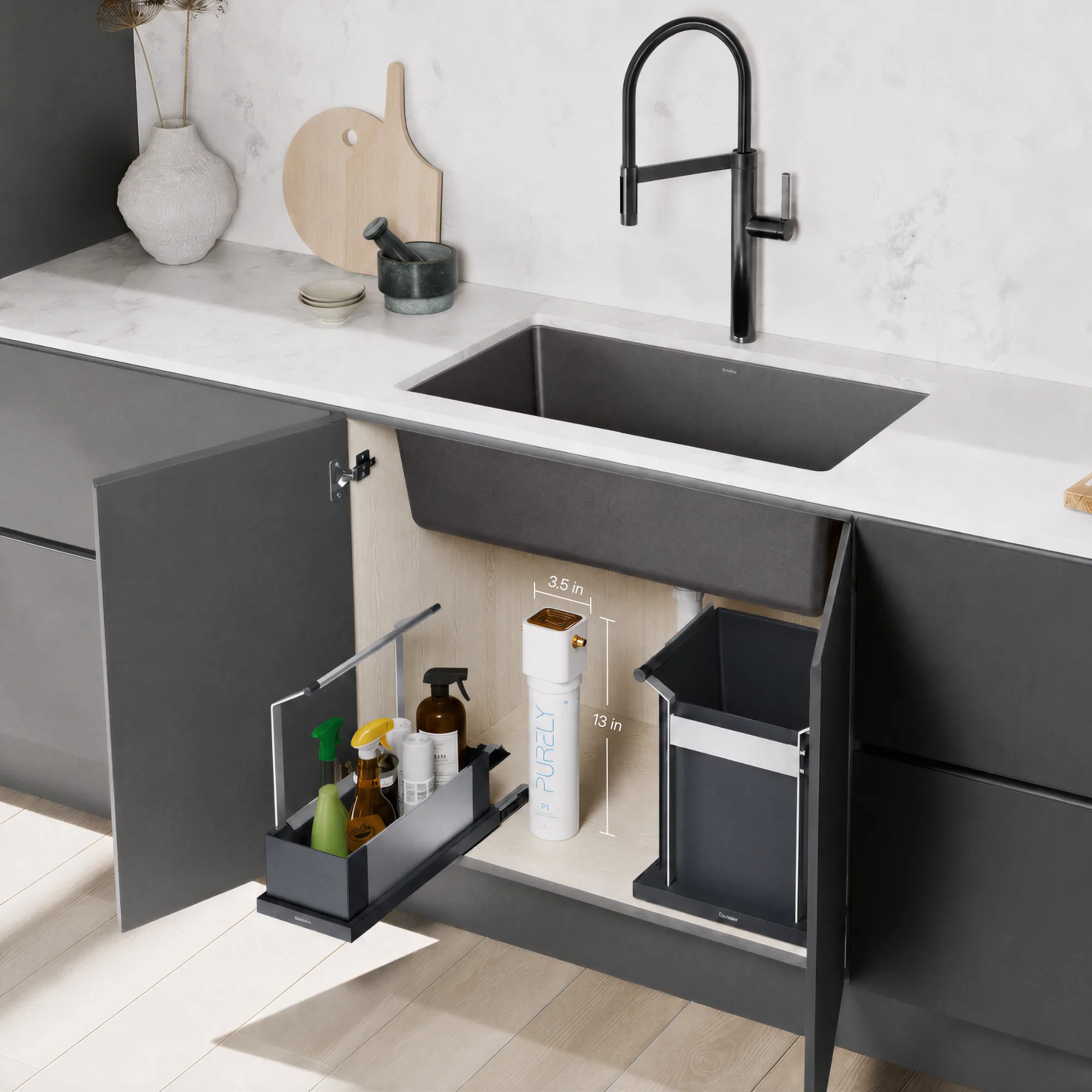Le P1 installé sous une armoire d’évier de cuisine