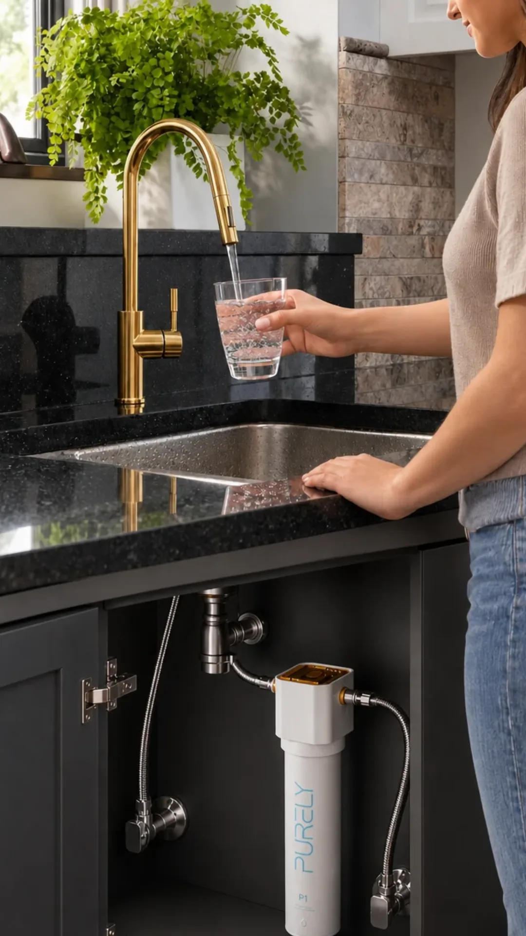 Remplissage d’un verre à un robinet doré, le P1 installé en dessous