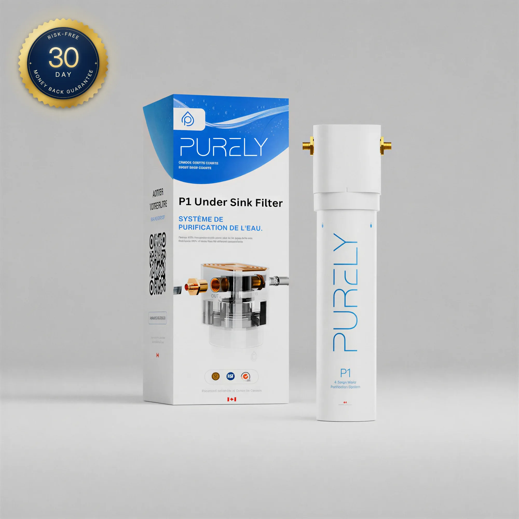 Le filtre P1 Sous Évier de Purely à côté de sa boîte, avec le sceau satisfait ou remboursé 30 jours