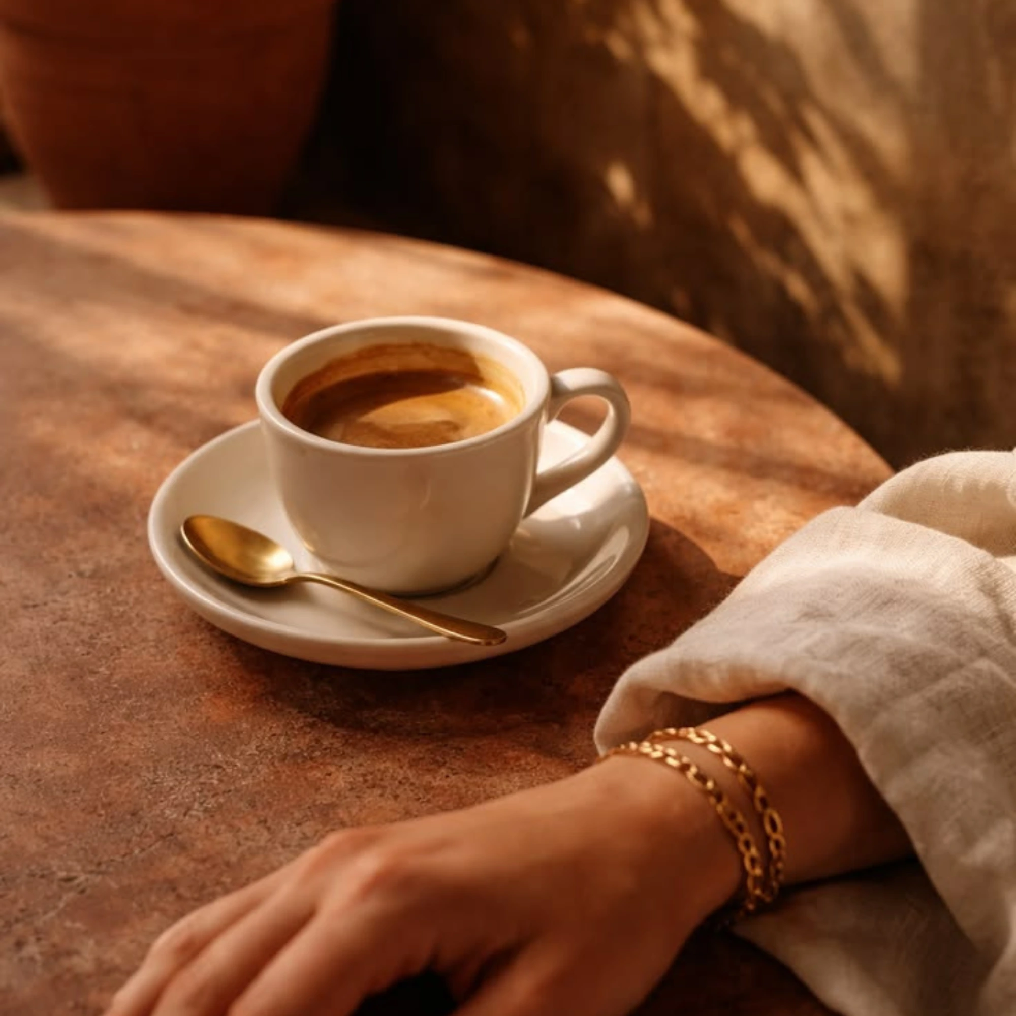 A white espresso cup and saucer with a gold spoon on a warm terracotta table