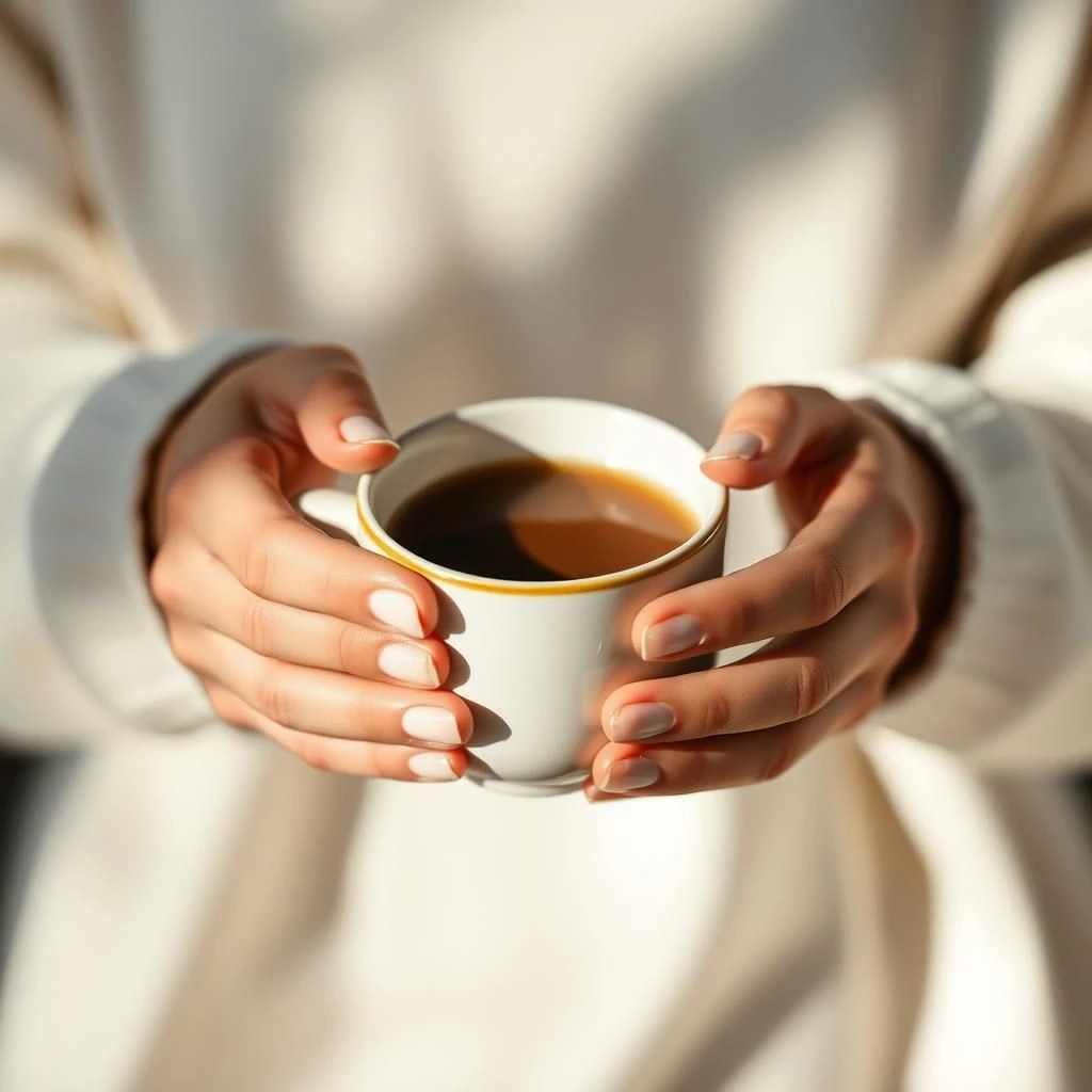 Two hands cradling a white cup of black coffee in soft sunlight