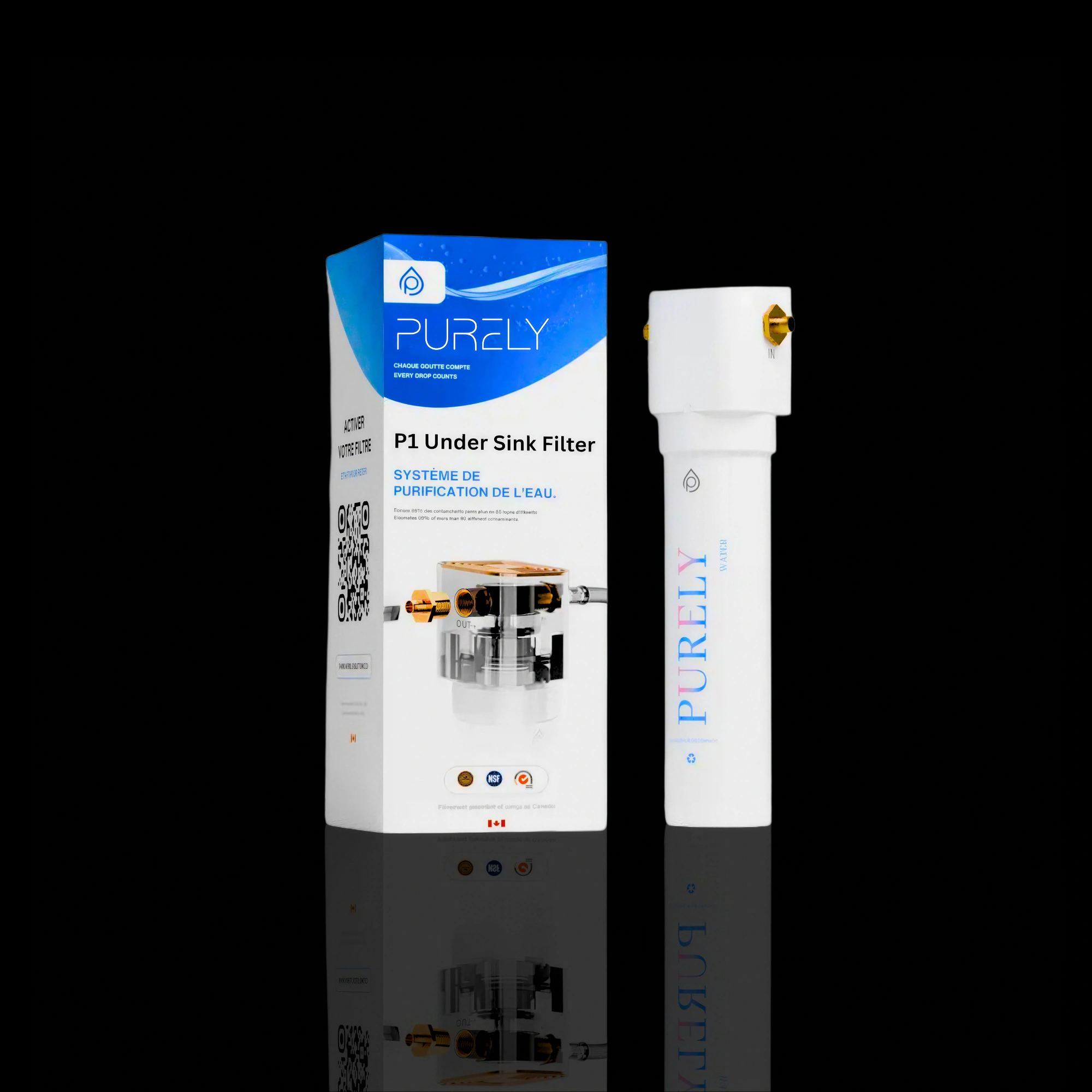 The Purely P1 Under Sink Filter retail box beside the white filter unit
