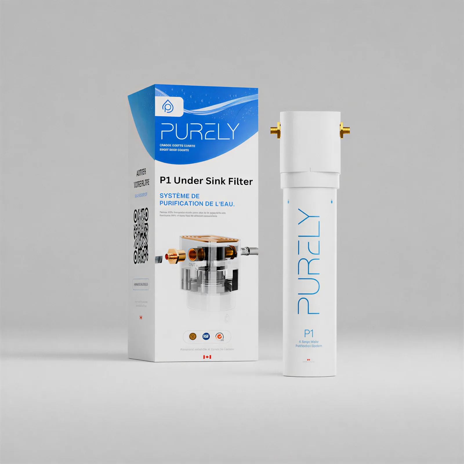 P1 Under-Sink filter beside its retail box