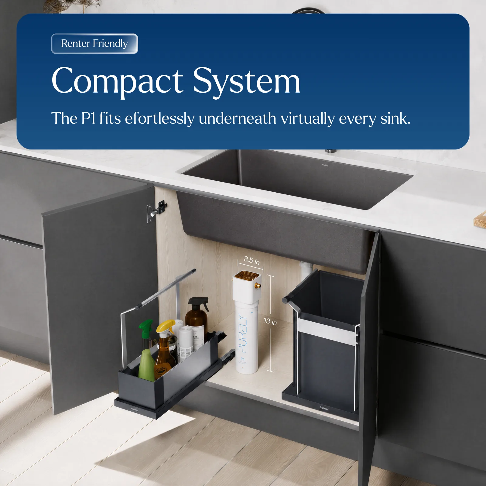The compact P1 fits underneath virtually every sink, shown installed in a kitchen cabinet