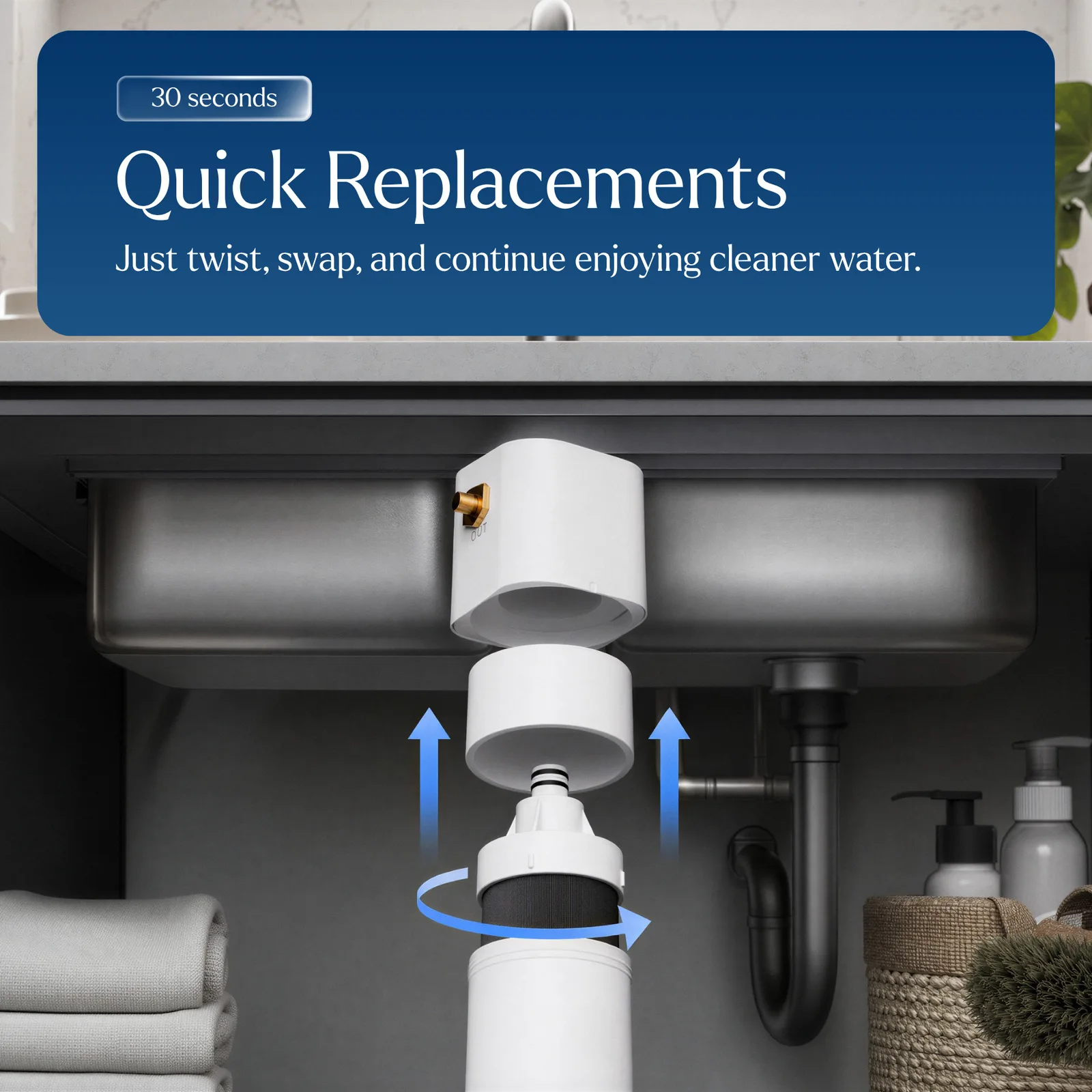 Quick replacements: twist, swap and continue — the cartridge changes in about 30 seconds