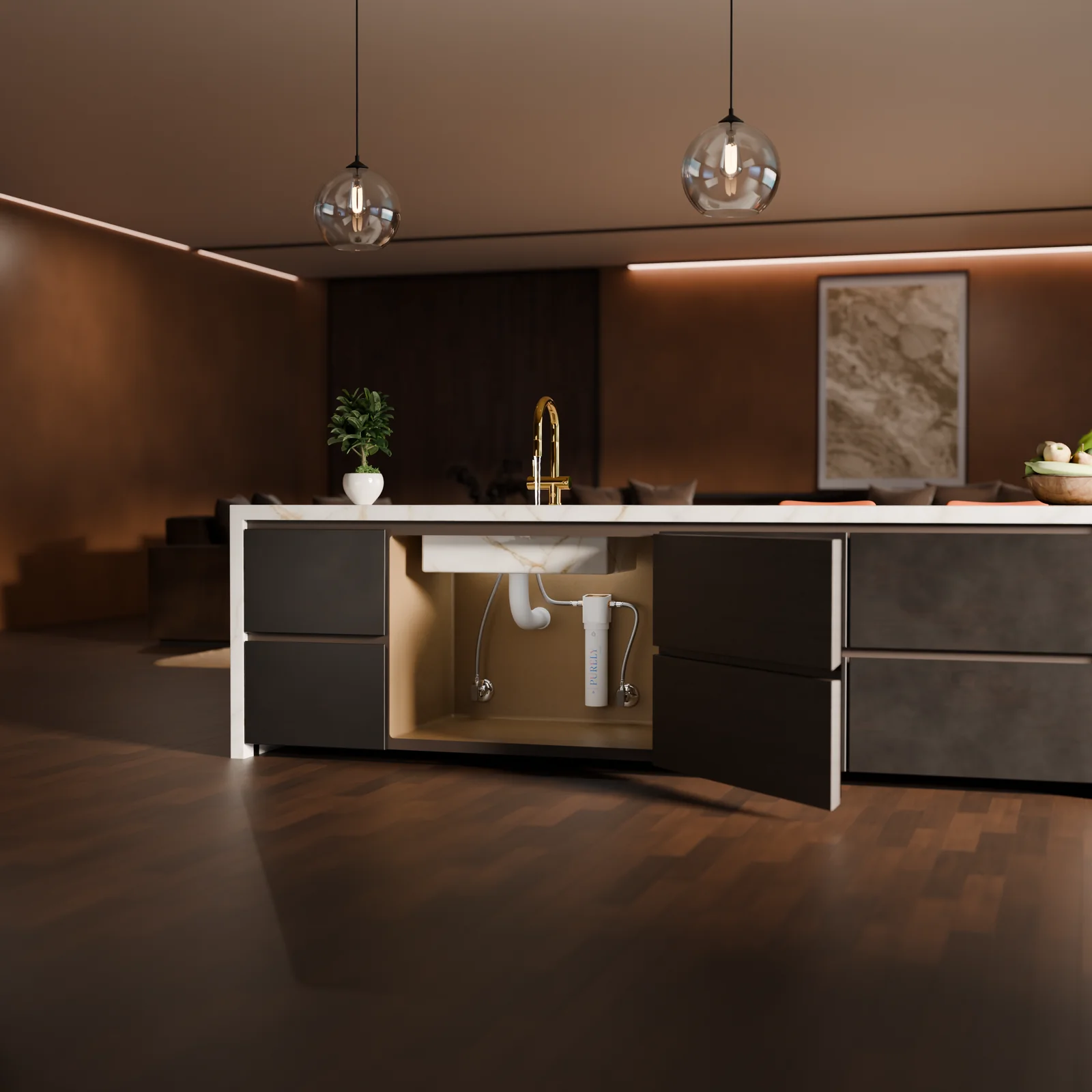 Filtered water being poured in a bright kitchen