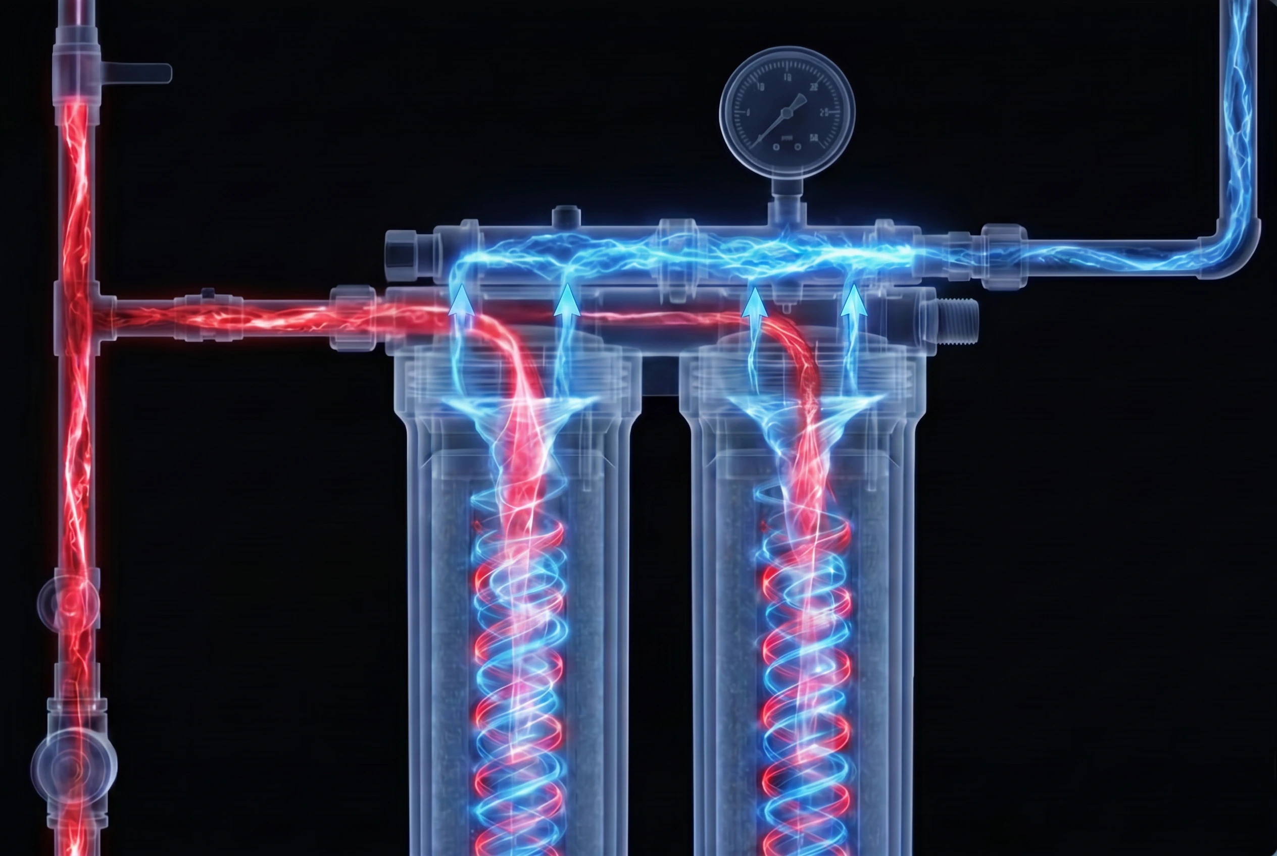 The P1+ Defender twin-cartridge system on a black backdrop, with luminous blue and red water streams spiralling through it.