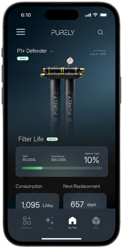 The Purely app showing live filter life, consumption, and replacement tracking