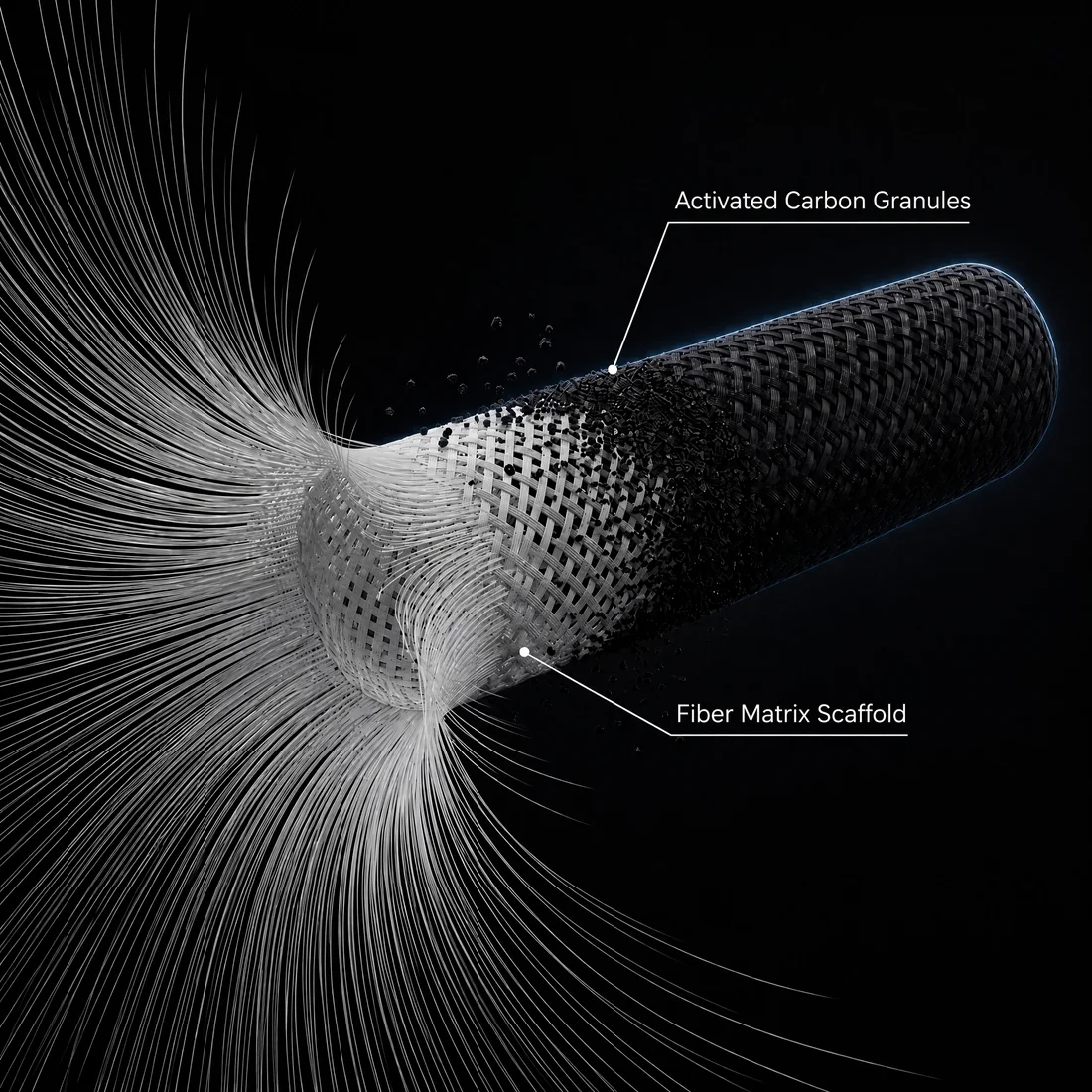 Activated Carbon Fibre cutaway showing carbon granules and fibre matrix