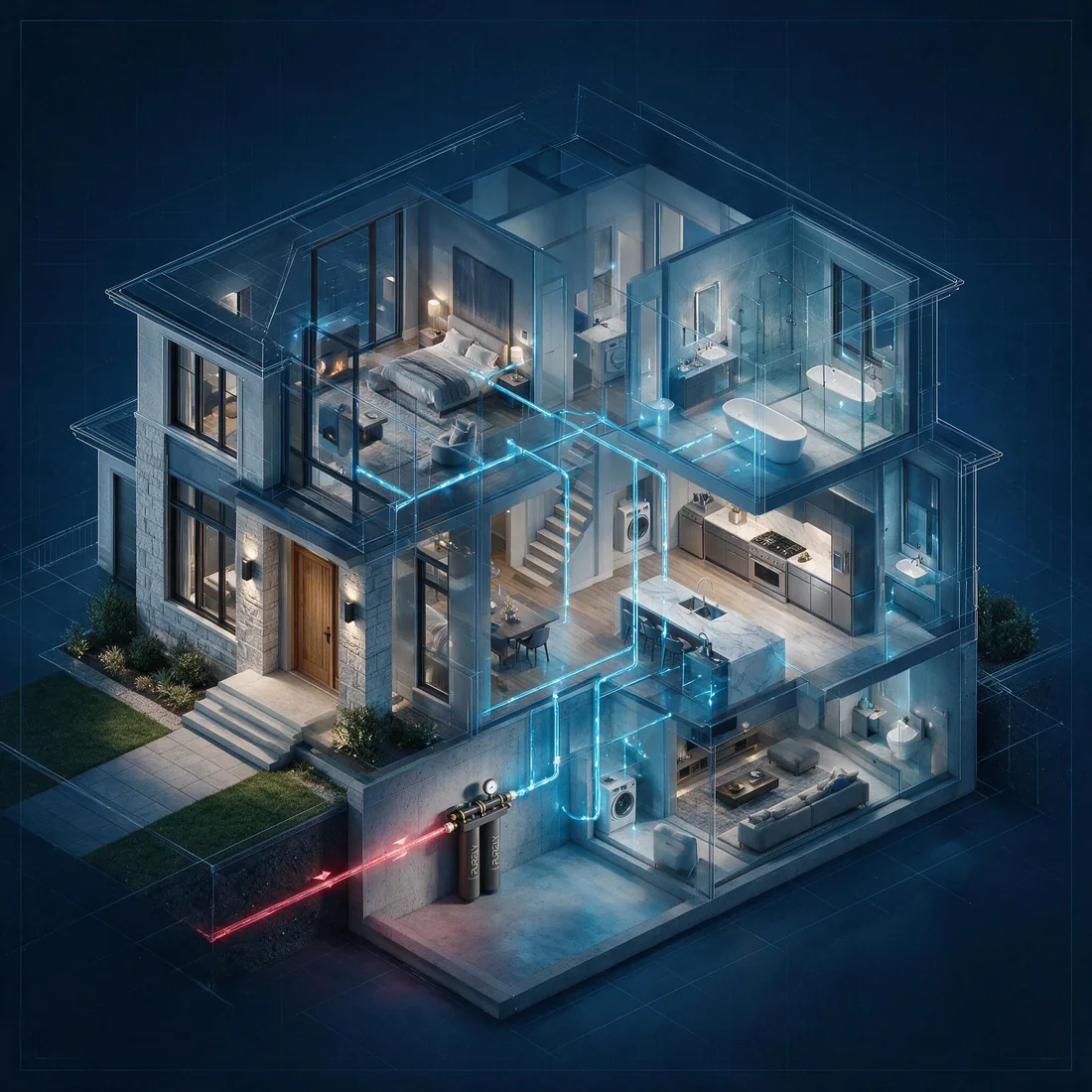 Isometric cutaway of a home showing whole-home water filtration