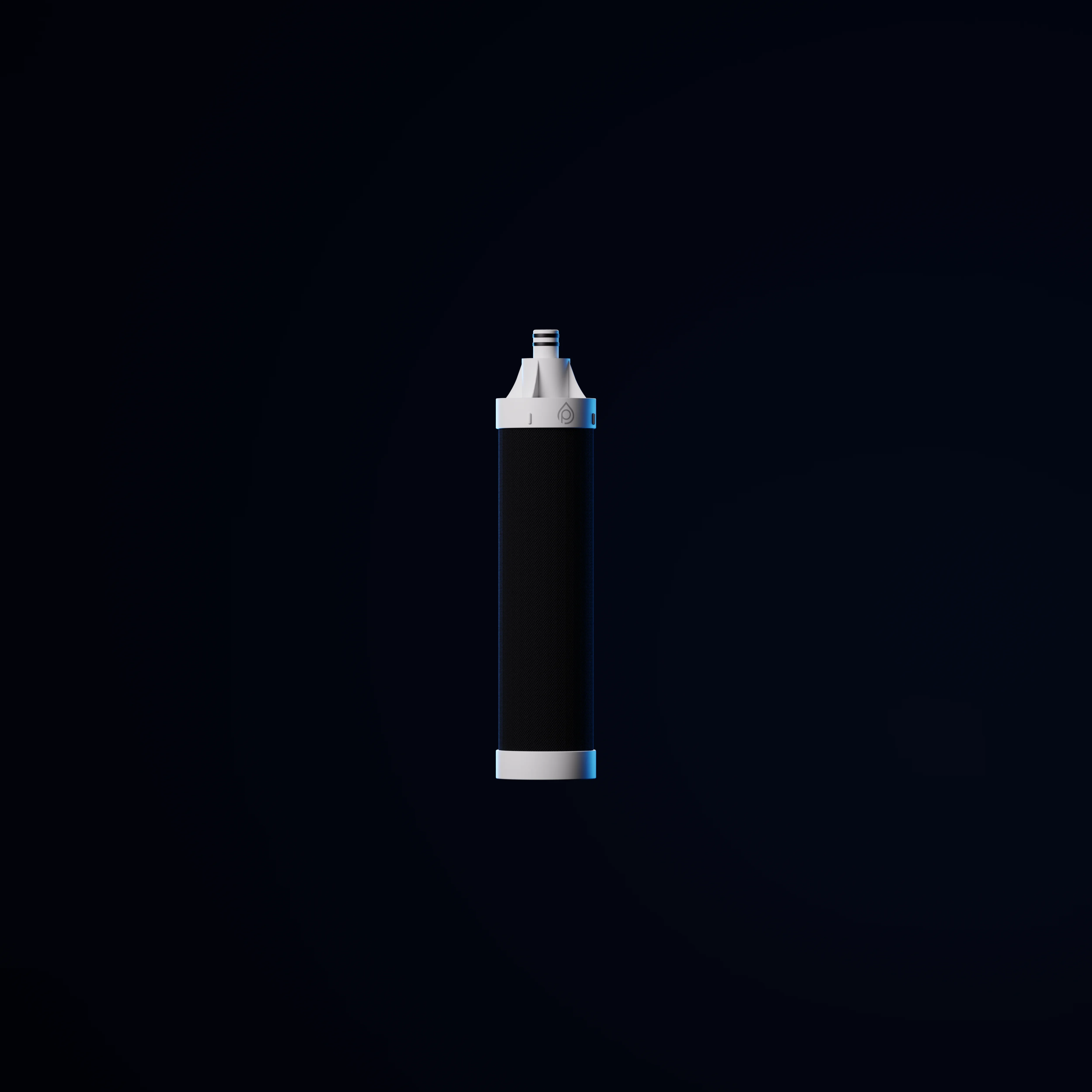 The Purely P1 replacement cartridge — black filter body with white quick-connect cap, studio shot on dark blue