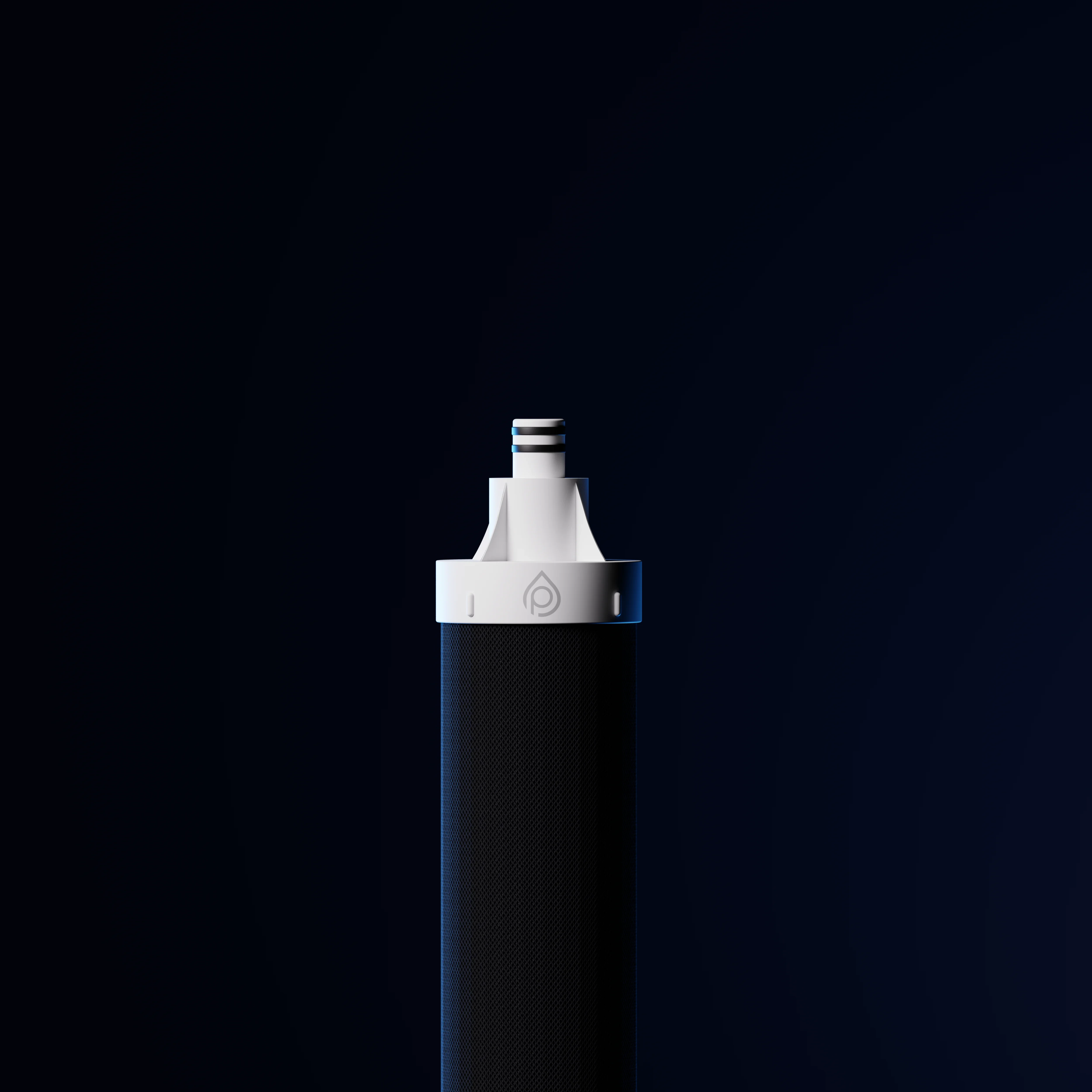 Close-up of the P1 replacement cartridge's white quick-connect fitting and Purely-embossed collar