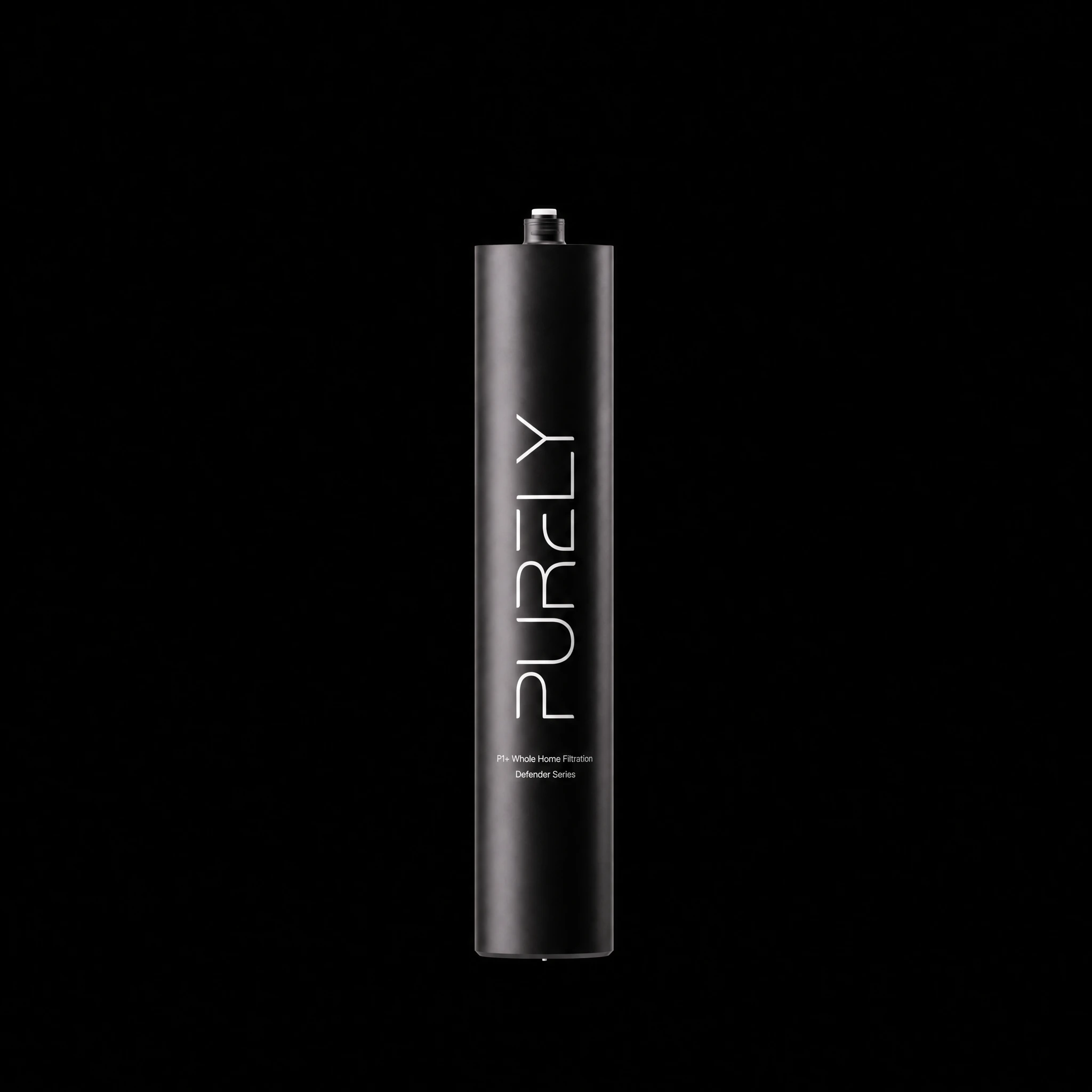 The black Purely P1+ Whole Home Filtration Defender Series replacement cartridge, studio shot on black