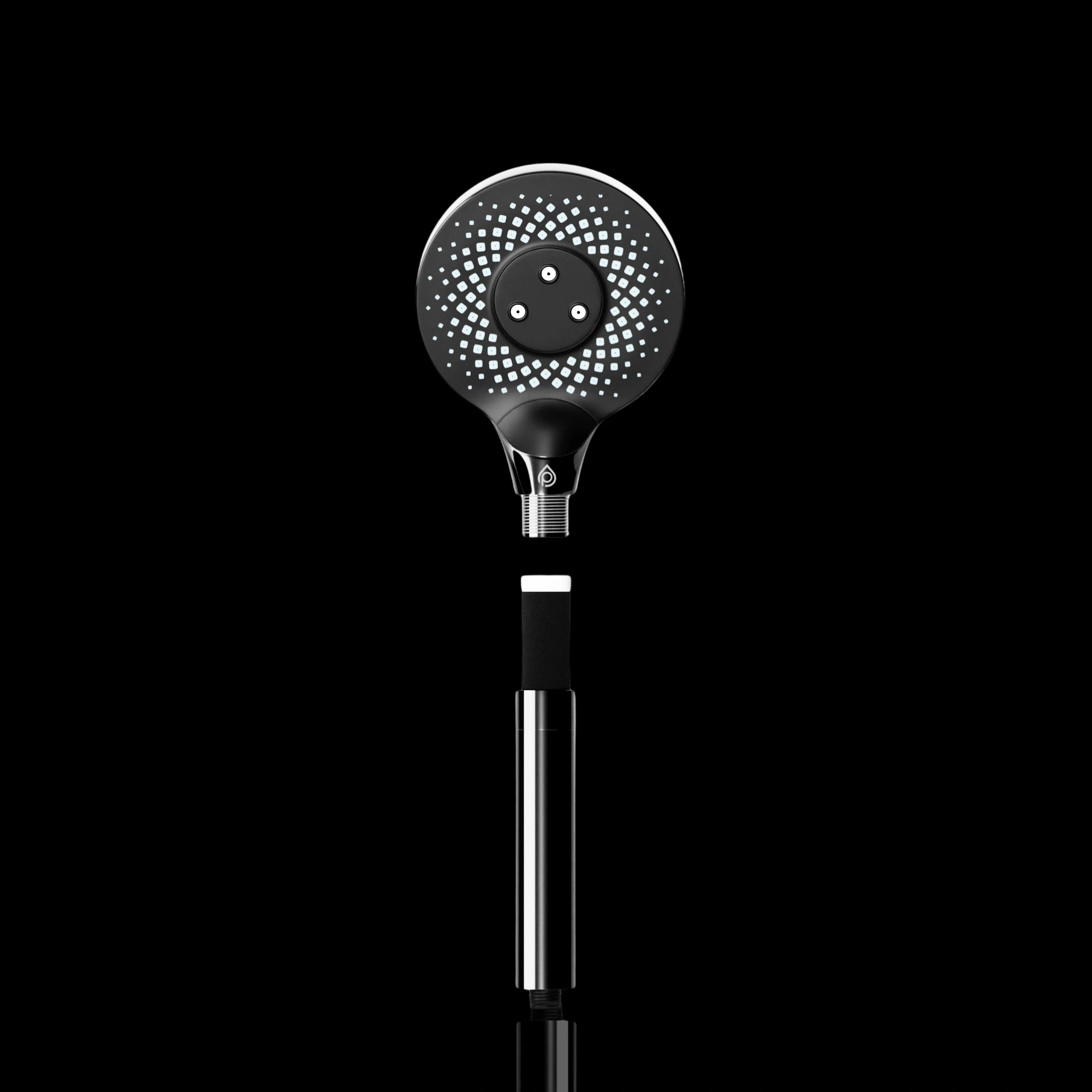 The black Purely S1 filtered shower head and chrome handle shown separated, studio shot on black