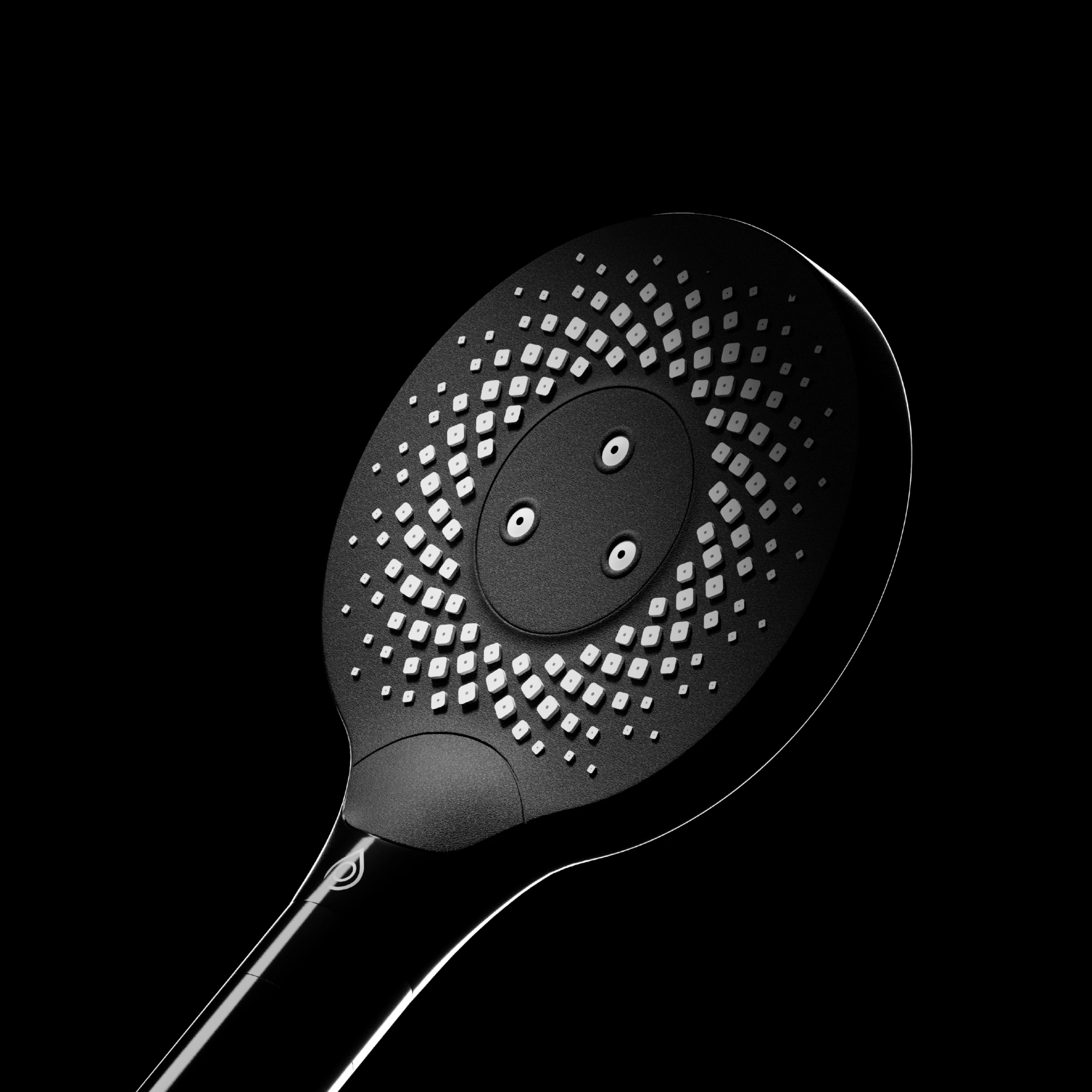 Close-up of the S1 shower head's spray face and nozzle pattern on black