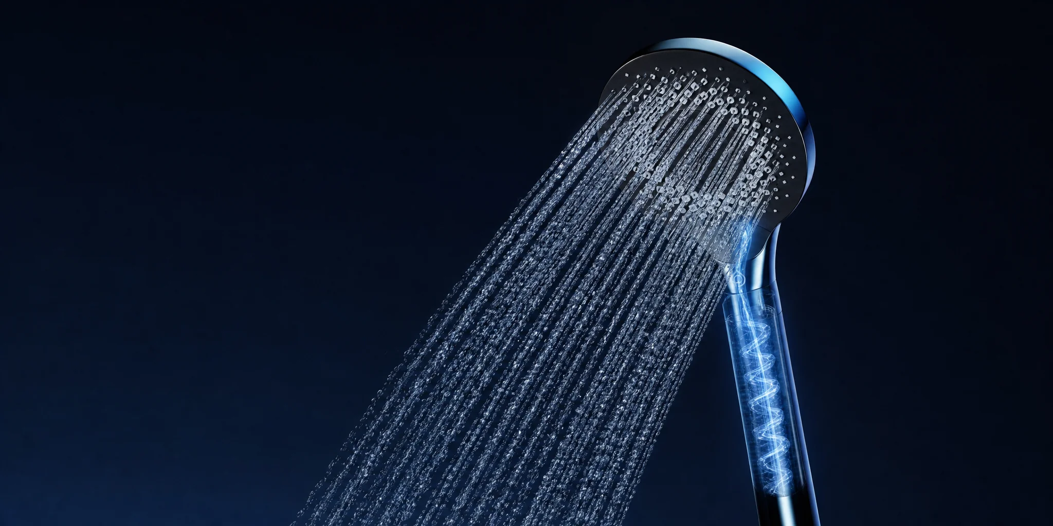 A schematic close-up of the Purely S1 Shower Filter handle in profile, water cascading from the head with a glowing blue spiral inside the transparent cartridge body.