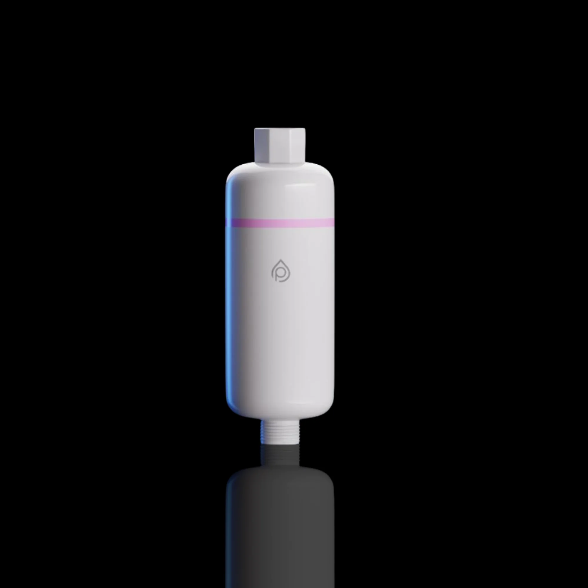 The white Purely S2 in-line shower filter with its pink accent band, studio shot on black