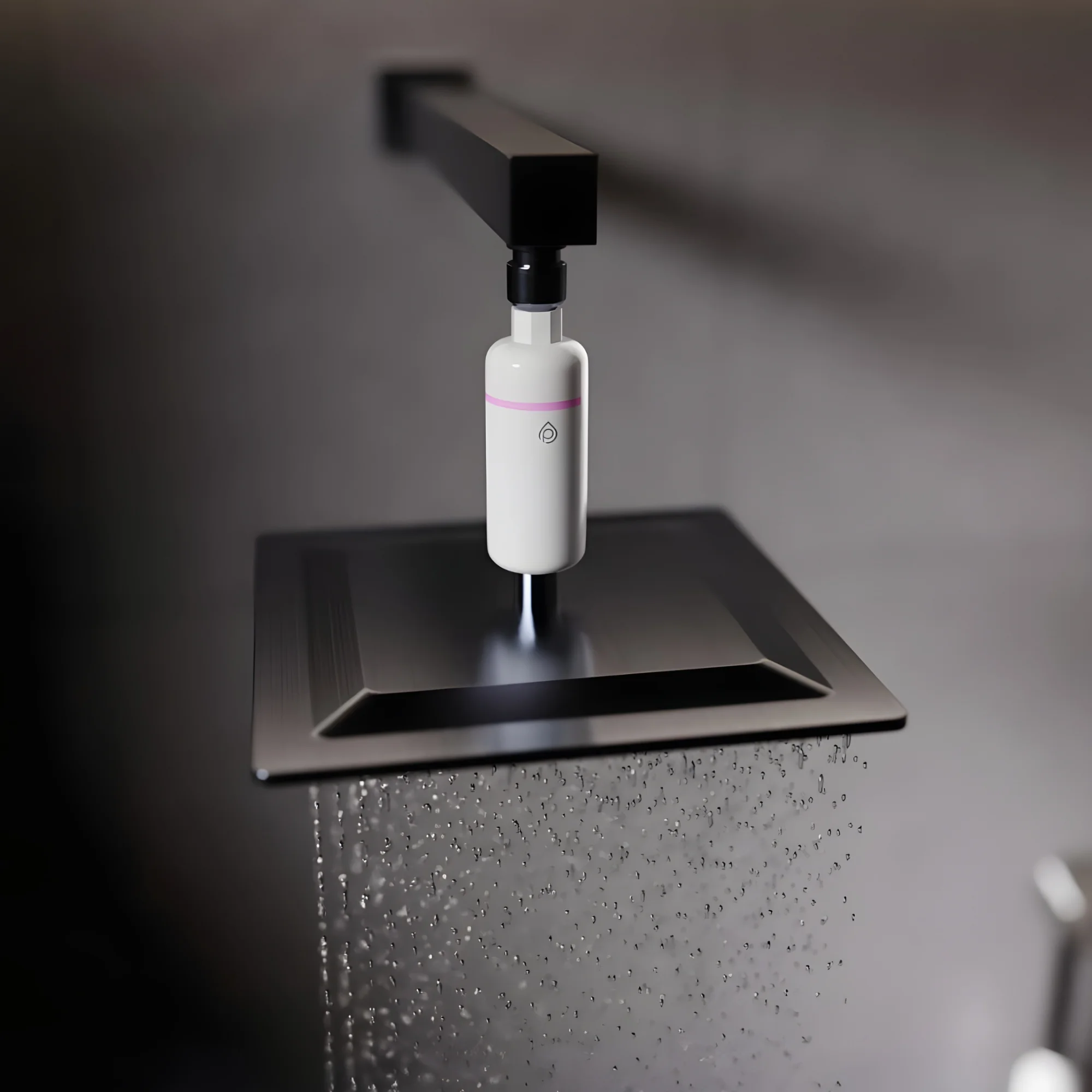 The S2 installed in-line between a matte black shower arm and a square rainfall shower head