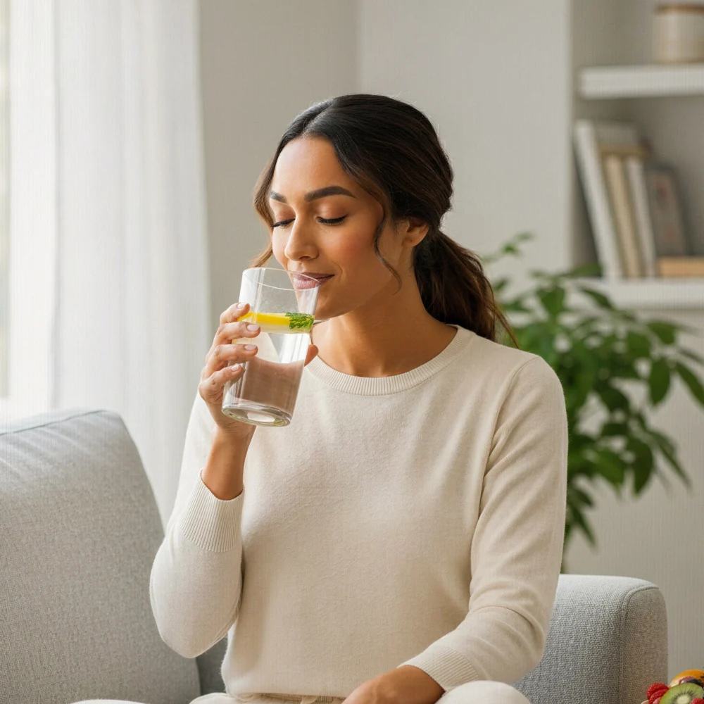 A woman relaxing on a couch enjoying a glass of filtered water with lemon
