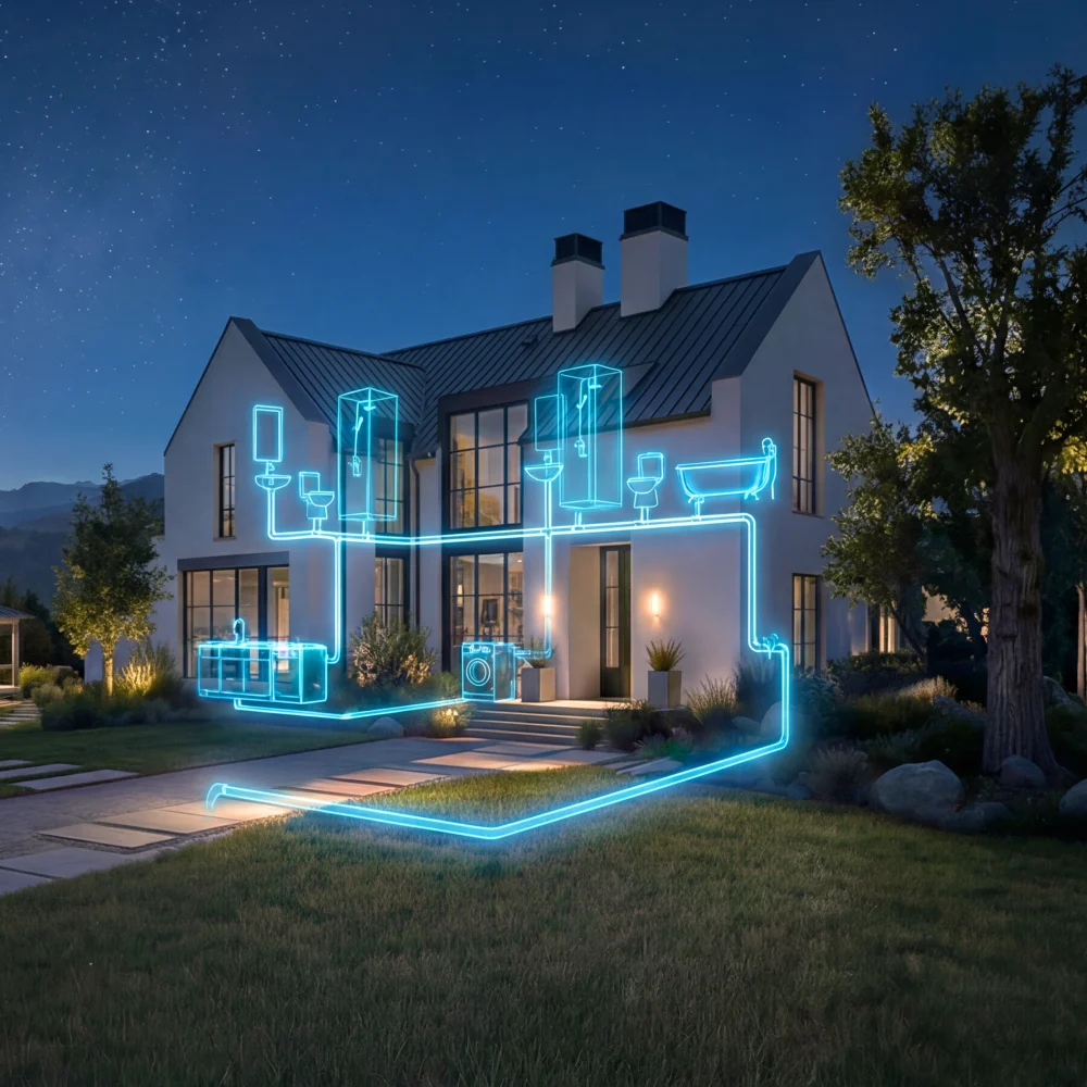 A modern home at dusk with glowing blue plumbing lines tracing water through every fixture
