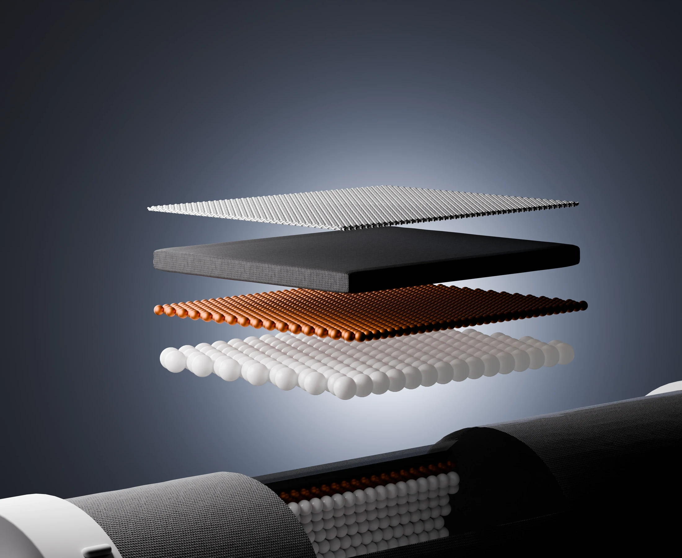 Exploded view of the P1 cartridge's four filtration layers — a fine mesh on top, a dark felt pad, copper-toned beads, and white ceramic spheres — hovering above the cartridge body on a deep navy gradient.